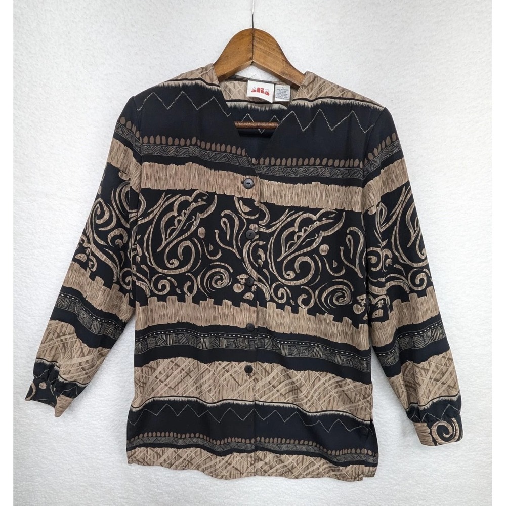 Vintage Alia Women's Button Down Floral Aztec Print‎ V Neck Long Sleeve 10